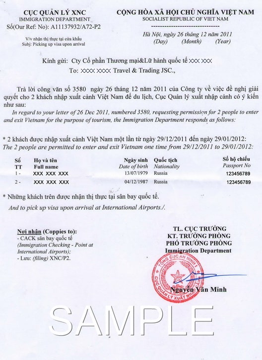Vietnam Visa-on-Arrival Letter Sample
