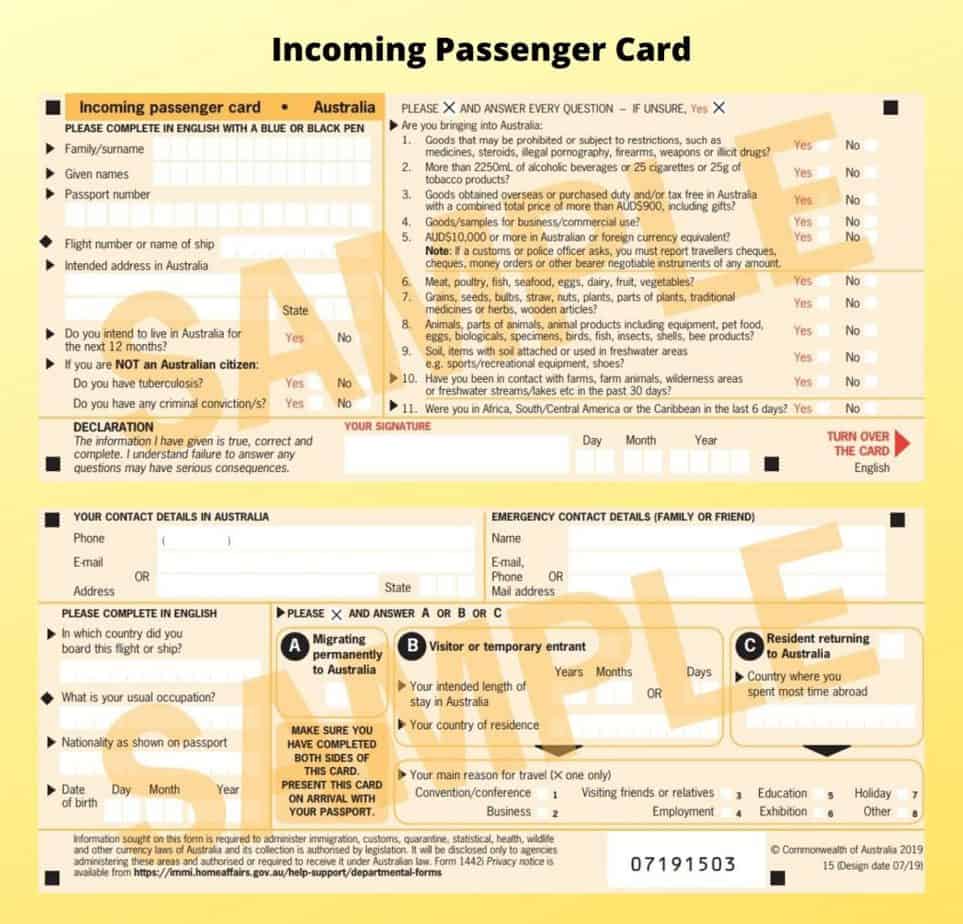 Incoming Passenger Card Australia Airport Indian Students