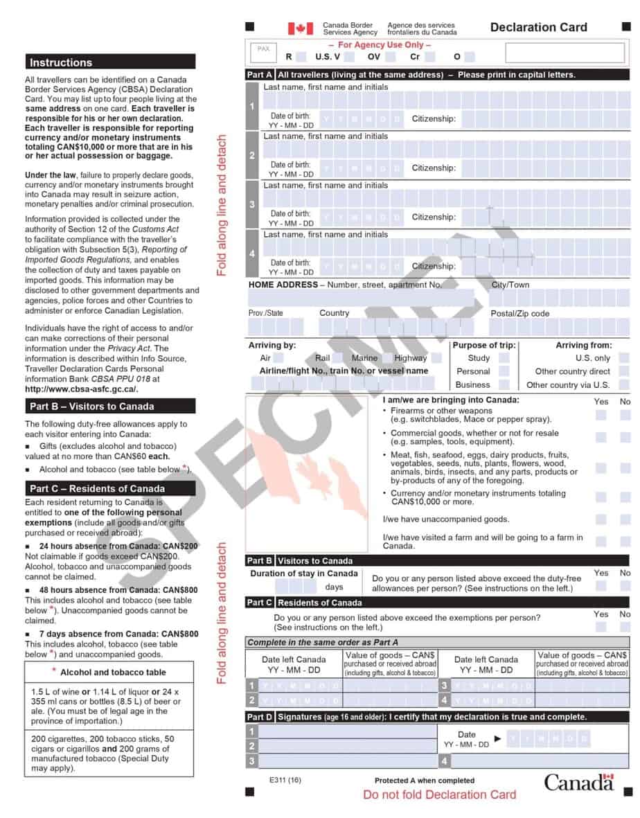 Canada airport declaration form