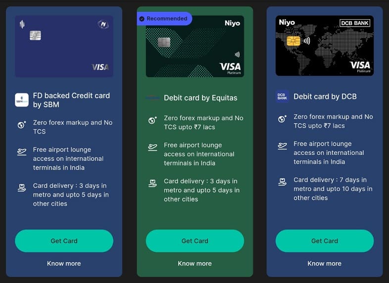 Three different cards offered by Niyo Global