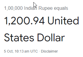 1 lakh INR to US dollars 05 Oct 2023