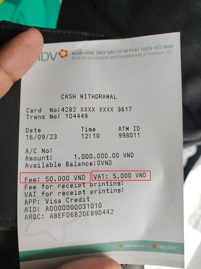 Vietnam ATM withdrawal receipt charges