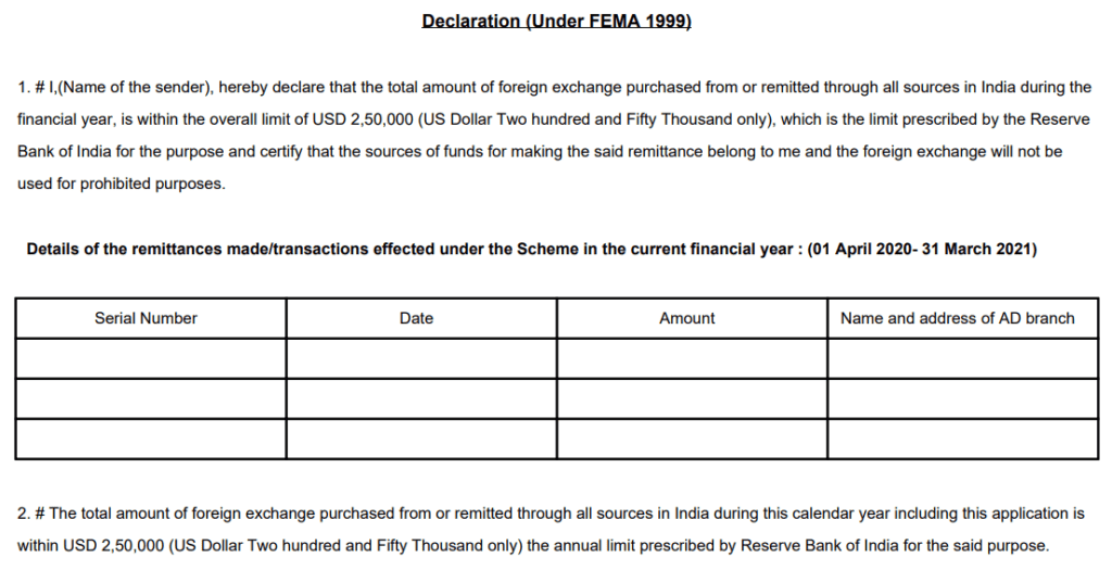 FEMA Declaration For Forex Purchased in a Financial Year