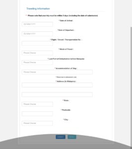 Malaysia MDAC registration portal for uploading travel information.
