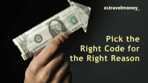 Hand holding a folded U.S. dollar bill shaped like an arrow, representing international money transfer, with the text 'Pick the Right Code for the Right Reason'