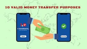 Money transfer via mobile app for e.travelmoney.com. Two smartphones display the app interface, one showing 'Send' and the other 'Received.' Hands exchange cash between the phones, symbolizing a transaction. A world map in the background emphasizes global reach. Bold red text reads '10 VALID MONEY TRANSFER PURPOSES'.