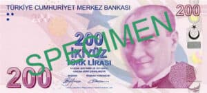 The front side of Turkish Lira of denomination 200 featuring a portrait of Mustafa Kemal Atatürk, the founder of modern Turkey.