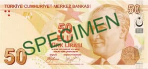 The front side of Turkish Lira of denomination 50 featuring a portrait of Mustafa Kemal Atatürk, the founder of modern Turkey.