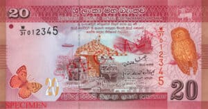 The front side of the LKR 20 note, is a drawing of the view of the Port of Colombo. The bird on the right is the Sri Lanka Serendib Scops Owl. The butterfly in the lower left corner is the Baronet.