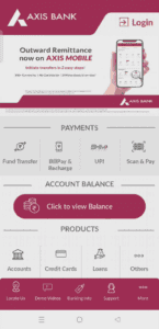 Homepage of Axis Bank mobile app with a 'Login' button.