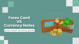 Forex Card vs Currency Notes - Your Travel Currency Guide with wallet illustration showing cash, coins, and card.