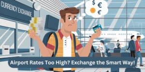 The image is meant to show why exchanging money at the airport is not a good idea. It shows a traveler looking upset about high airport exchange rates, holding cash and a card. The text, "Airport Rates Too High? Exchange the Smart Way!" suggests choosing better and cheaper ways to exchange money.