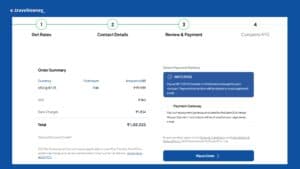 This image is to show the payment review step of sending money from India to the USA using ExTravelMoney. It displays the order summary, exchange rate, total amount, and available payment methods (NEFT/RTGS or Payment Gateway) before completing the transaction.