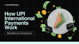 Illustration showing how UPI international payments work with currency symbols, a UPI logo, and floating money, highlighting benefits and limitations of UPI international money transfers.