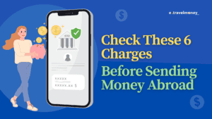 Illustration of a woman holding a piggy bank next to a large smartphone screen displaying a bank transfer interface, with coins and bank icons floating above. Text reads “Check These 6 Charges Before Sending Money Abroad.”