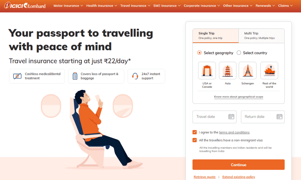 ICICI Lombard international travel insurance booking home page with the booking widget to choose destination and travel dates.