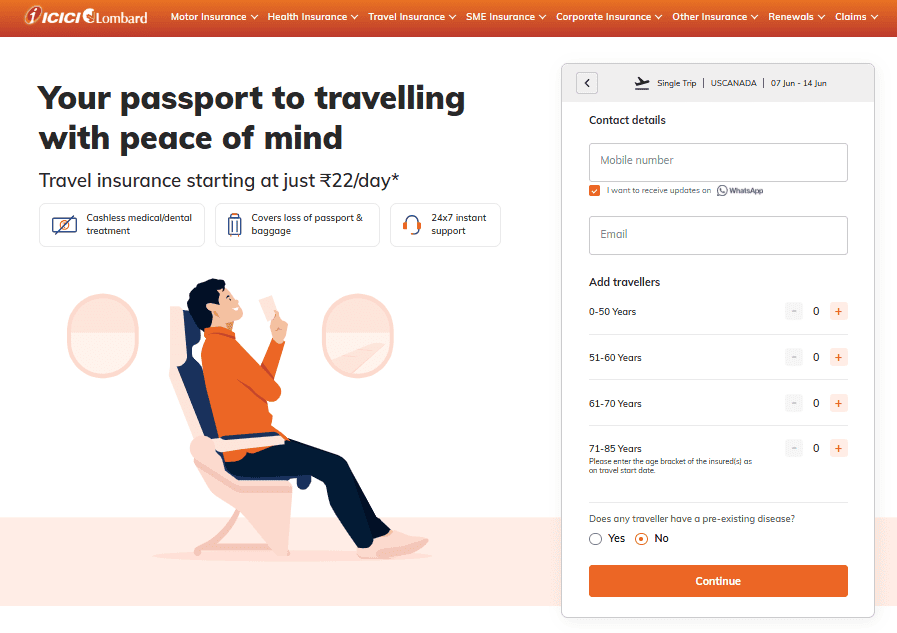 ICICI Lombard international travel insurance booking page with options to enter contact details, and the number of travellers with their age and medical history,the if any.
