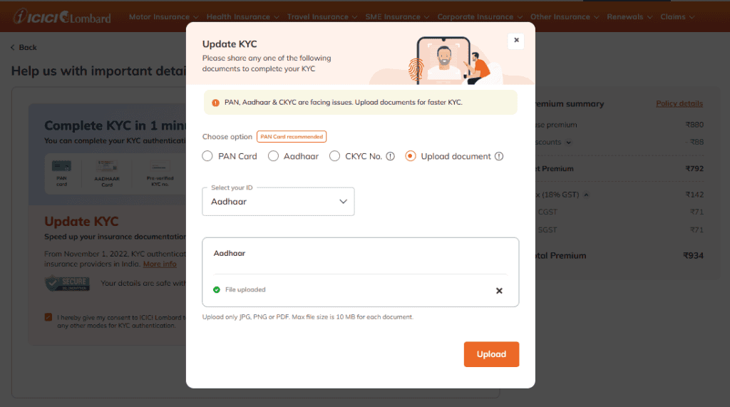 ICICI Lombard international travel insurance booking page to update KYC