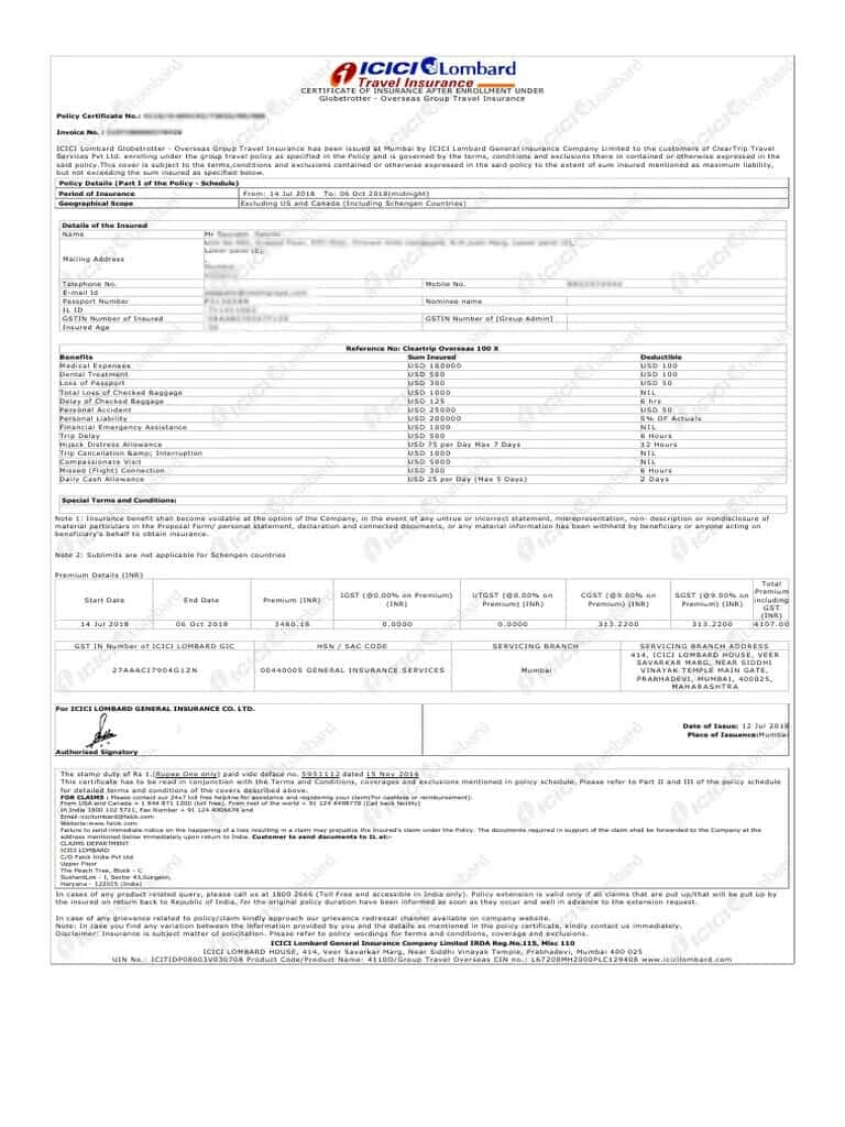 ICICI Lomabard International Travel Insurance sample certificate