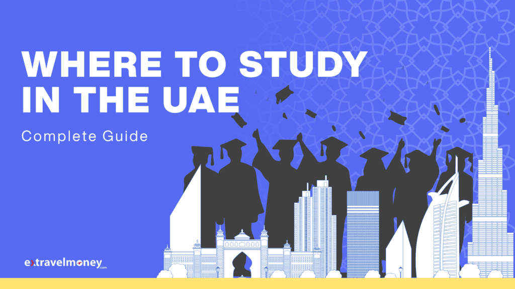 Illustration of international student graduates in the UAE with iconic Dubai skyline in the background, promoting a complete guide on where to study in the UAE