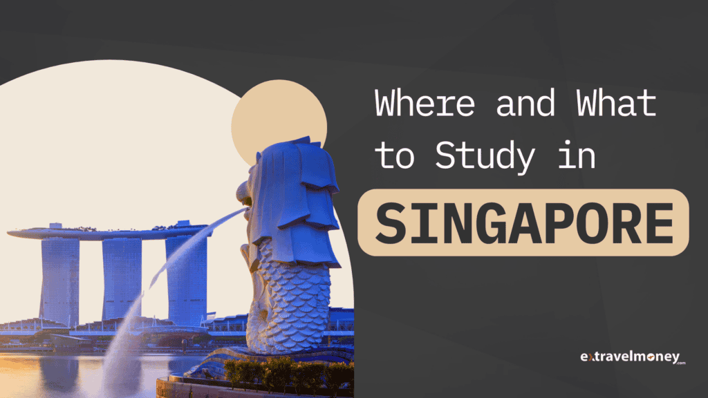 The image features Singapore's Marina Bay Sands with the iconic Merlion statue in the foreground. The text reads, "Where and What to Study in SINGAPORE."