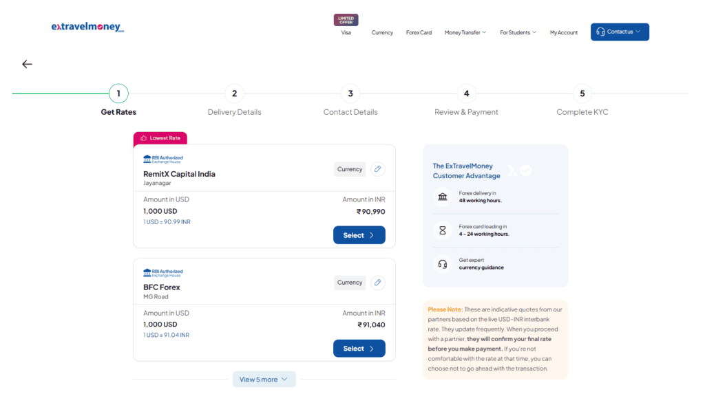 ExTravelMoney rate comparison page